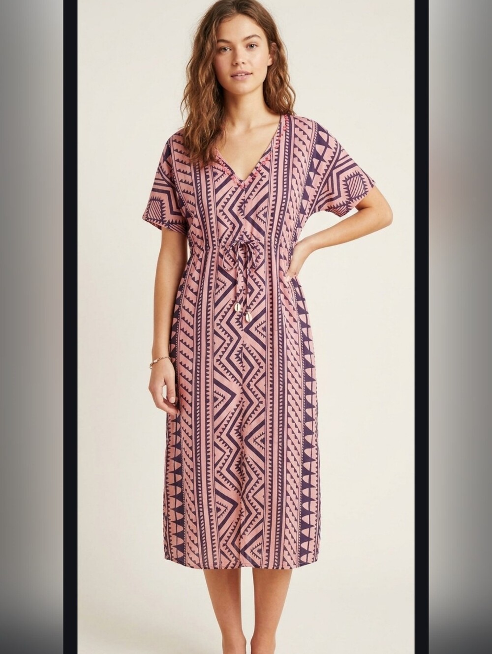 Anthropologie Dolma Cotton Pink Purple Tribal Print Midi Dress M Hand Block
